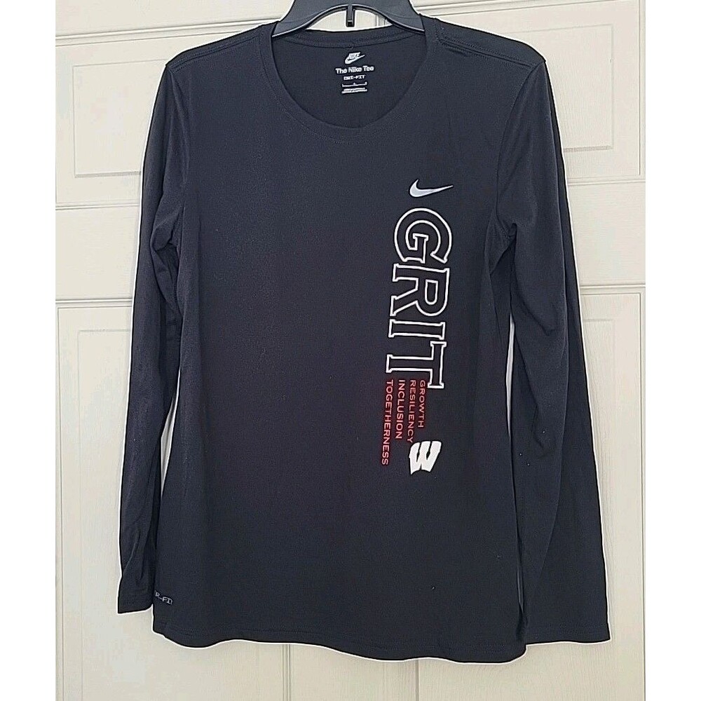 THE NIKE TEE GRIT Size L Ladies/M Mens BLK Crew Neck Long Sleeve Athletic Top